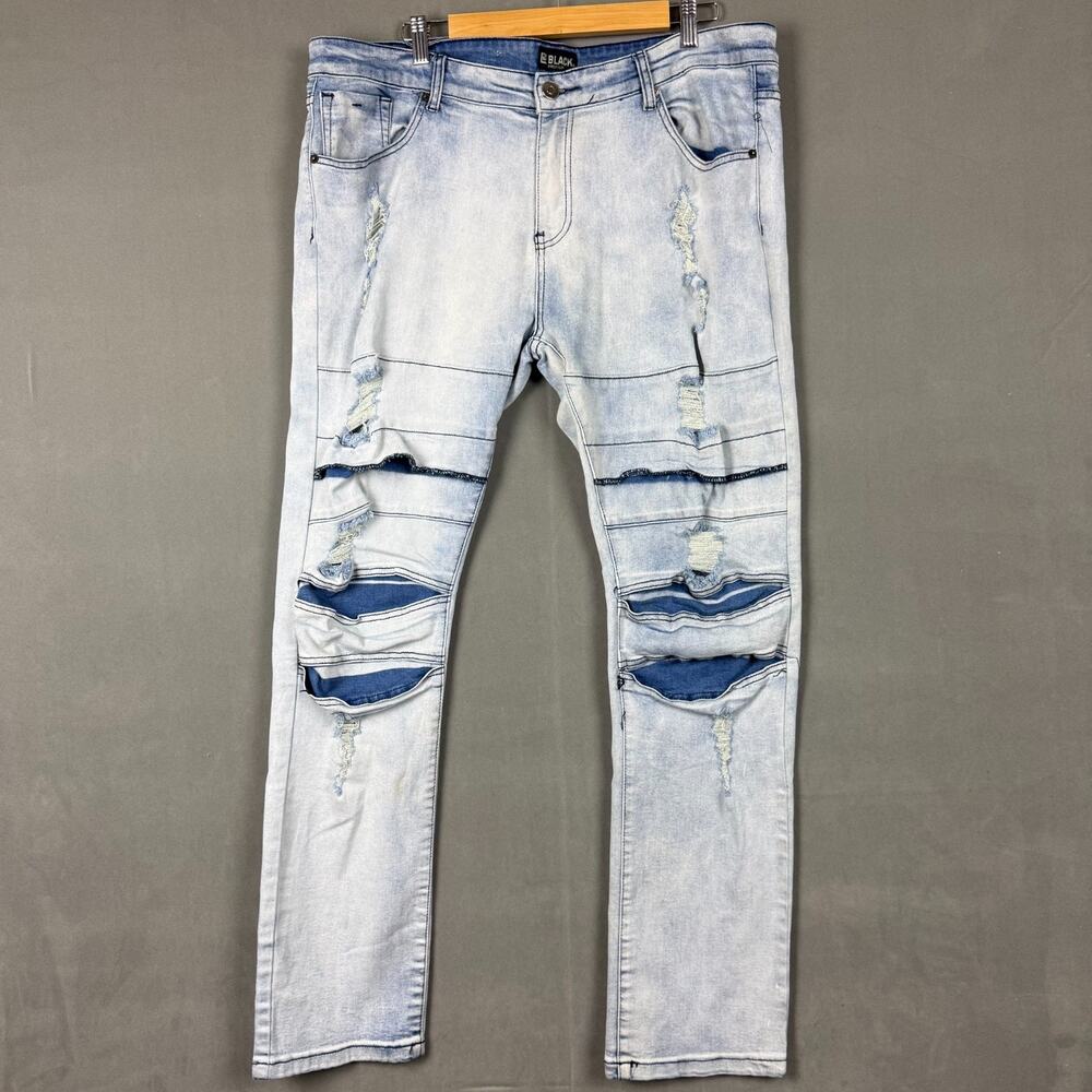 Black Premium Distressed Moto Jeans Mens Light Wash Ripped Designer Streetwear